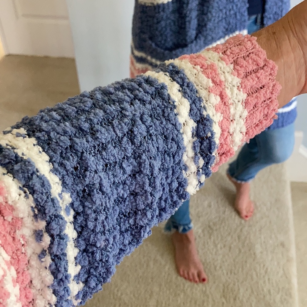 Pink, Blue & Off White Stripe Popcorn Texture Open Cardigan - Picture 10 of 10